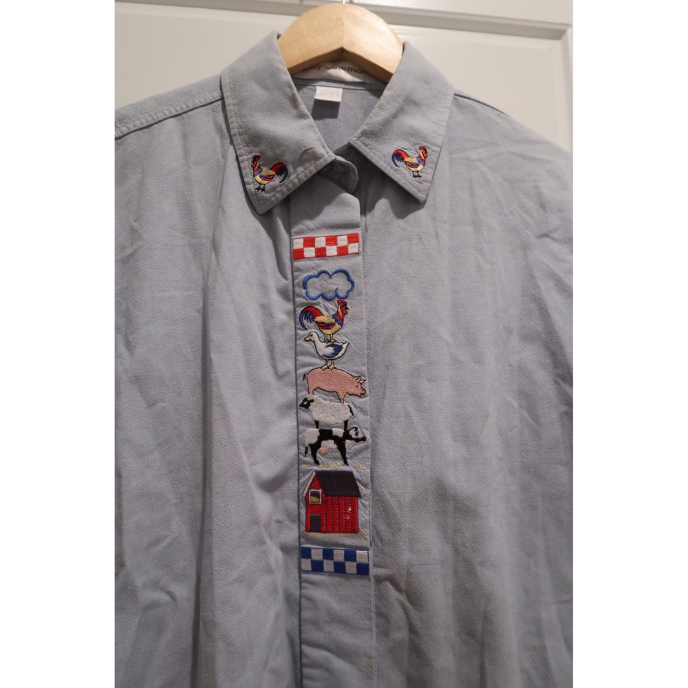 Casey Coleman Embroidered Farm Animals Vintage Button Front Shirt Blue Oversized